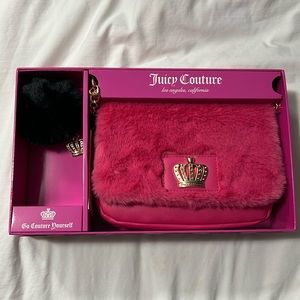 Juicy Couture Faux Fur Free Love Flap Crossbody & Keychain Pink